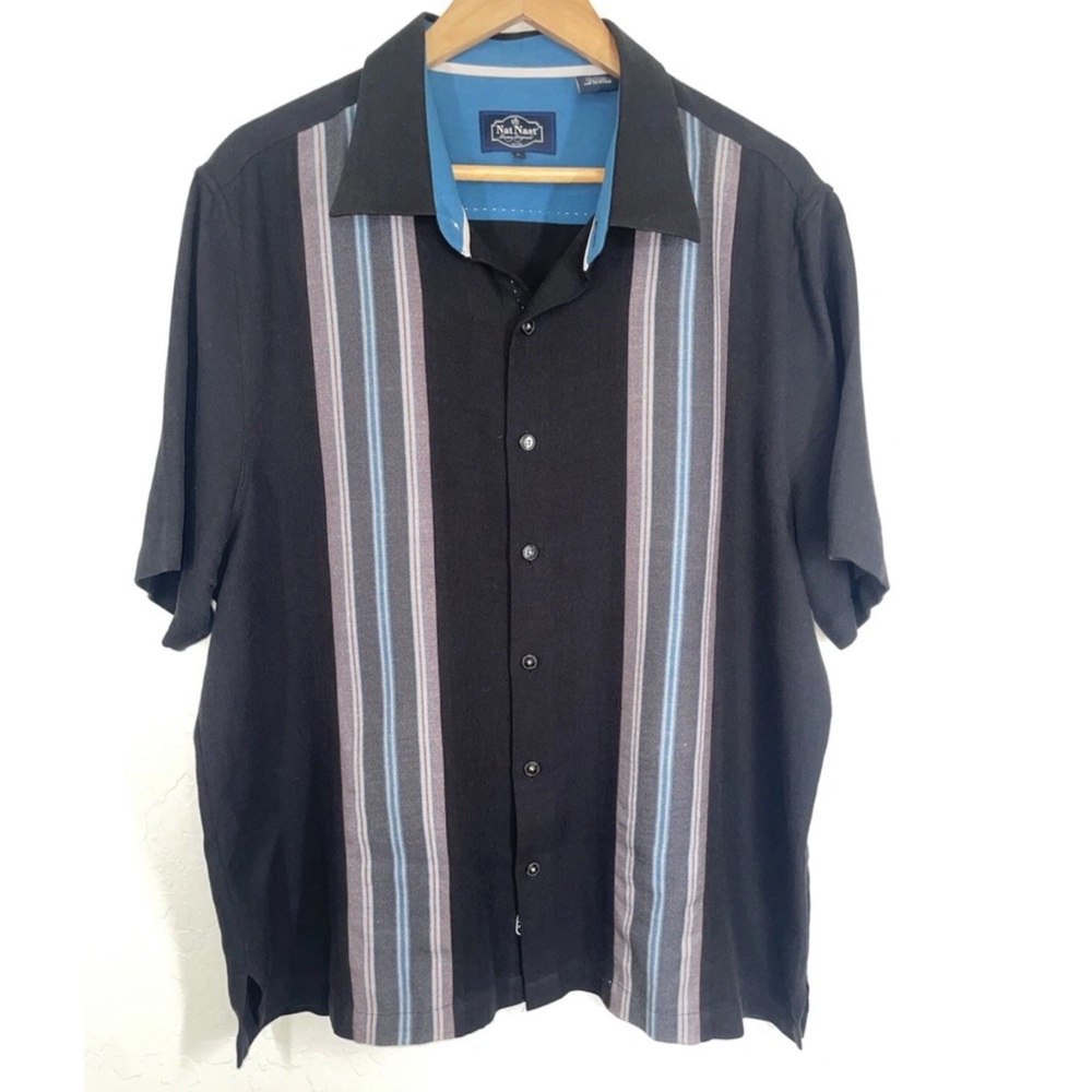 Nat Nast Retro 50s 60s Short Sleeve Shirt Large Bowling Rockabilly Silk Cotton
